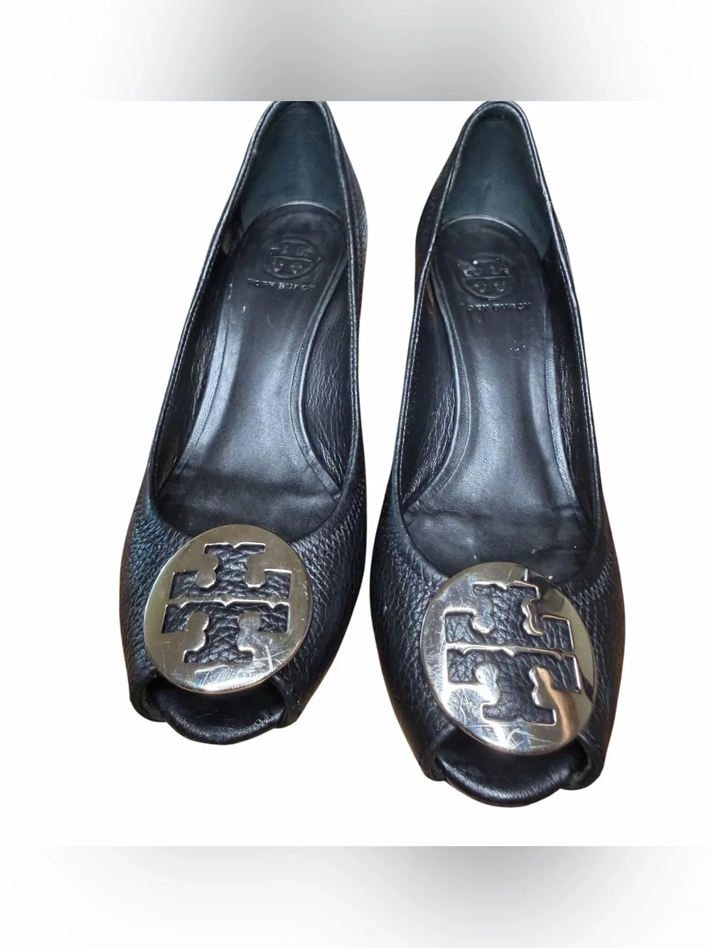 Tory Burch Sally 2 Wedge Pumps Women’s 8 Black Tumbled Leather Logo Shoes